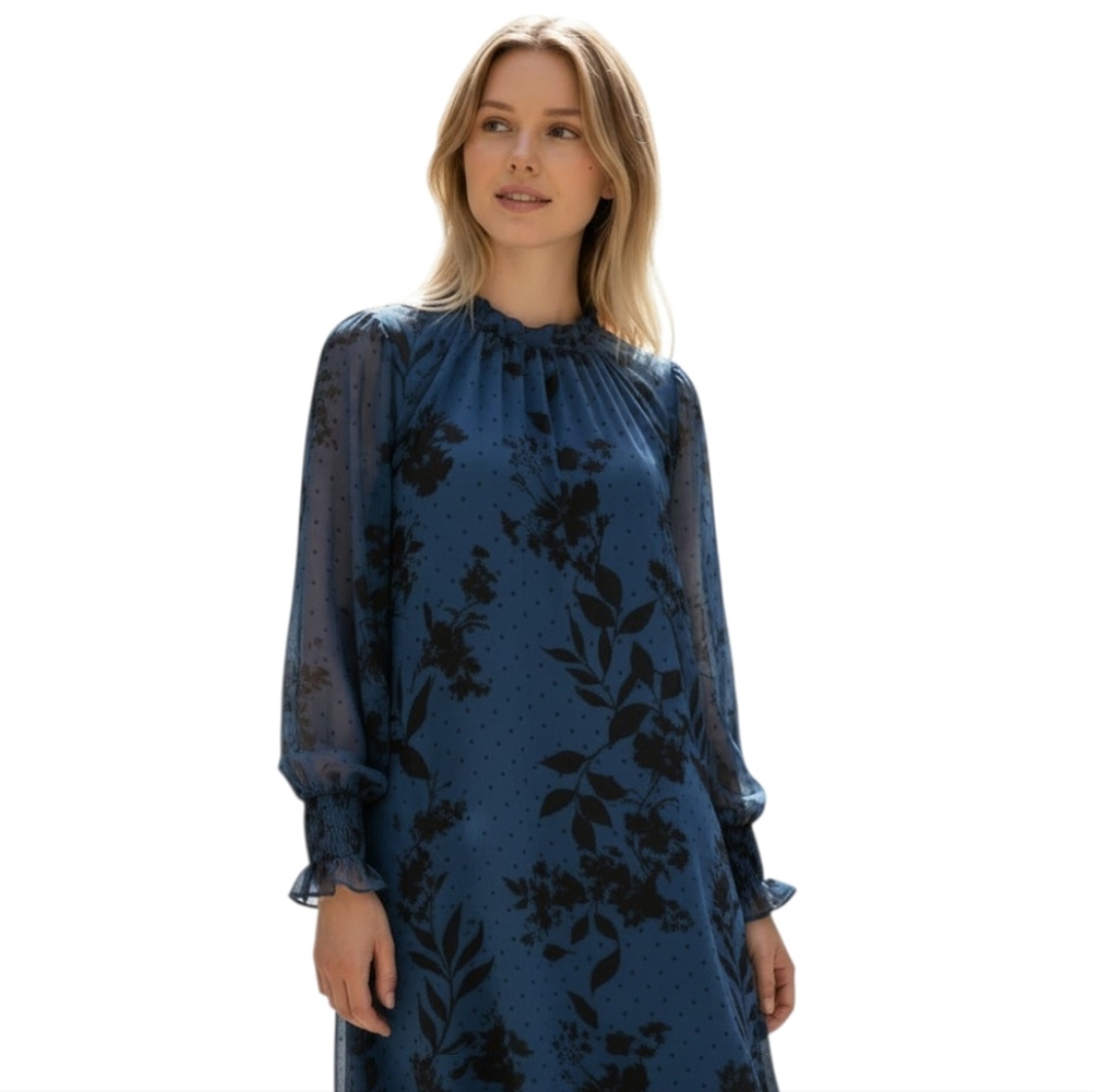 H&M Blue and Black Floral Long Sleeve Dress Sz 4